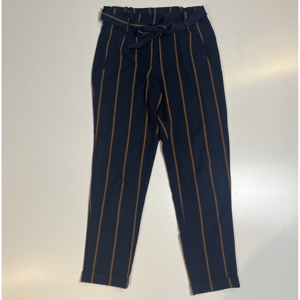Zara Tie Waist Ankle Paperbag Pants Size XS Navy Orange Stripe Cuffed Trousers